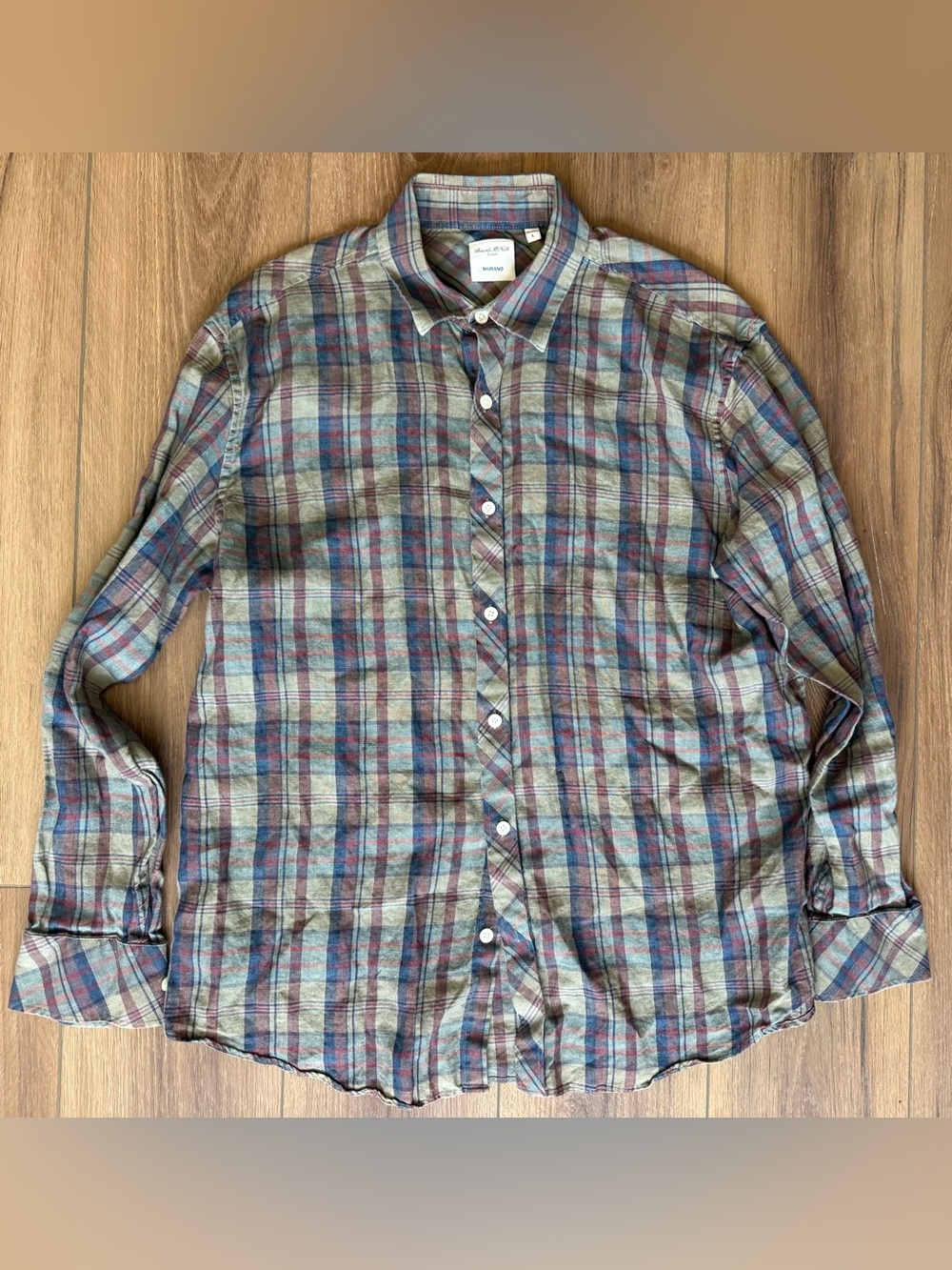 Baird McNutt Murano Linen Button Up Mens Large Blue Plaid Long Sleeve Shirt